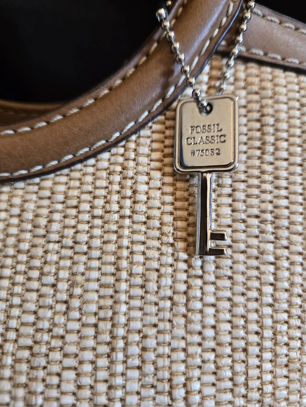 Fossil Woven Straw Tote with Brown Leather Handles NWOT